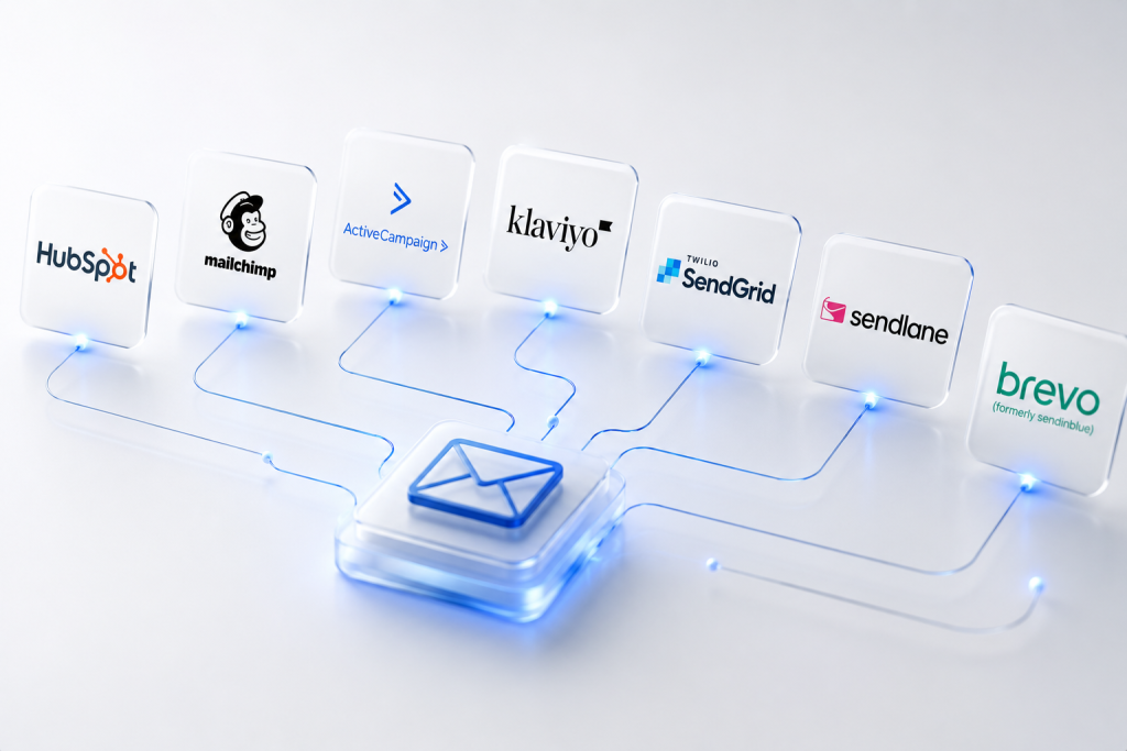 Best B2B email marketing platforms including HubSpot, Mailchimp, ActiveCampaign, Klaviyo, SendGrid, Sendlane, and Brevo