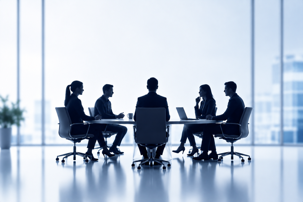 Modern IT buying committee of business decision-makers evaluating technology solutions
