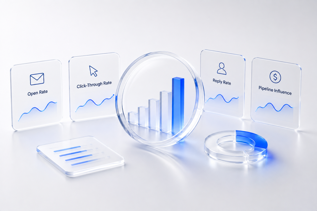 B2B email marketing metrics including open rate, click-through rate, reply rate, and pipeline influence